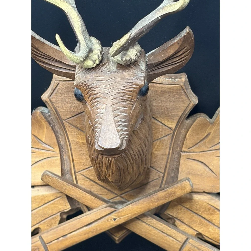 Vintage German Cuckoo Clock Wood Deer Head w/ Horns Guns Topper Rustic Log Cabin